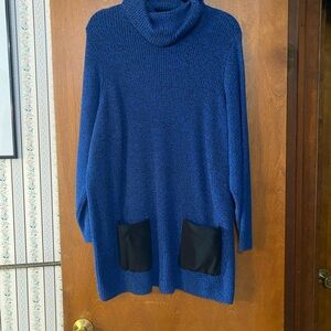 Susan Graver Blue Cowl Neck Sweater with Black Pockets